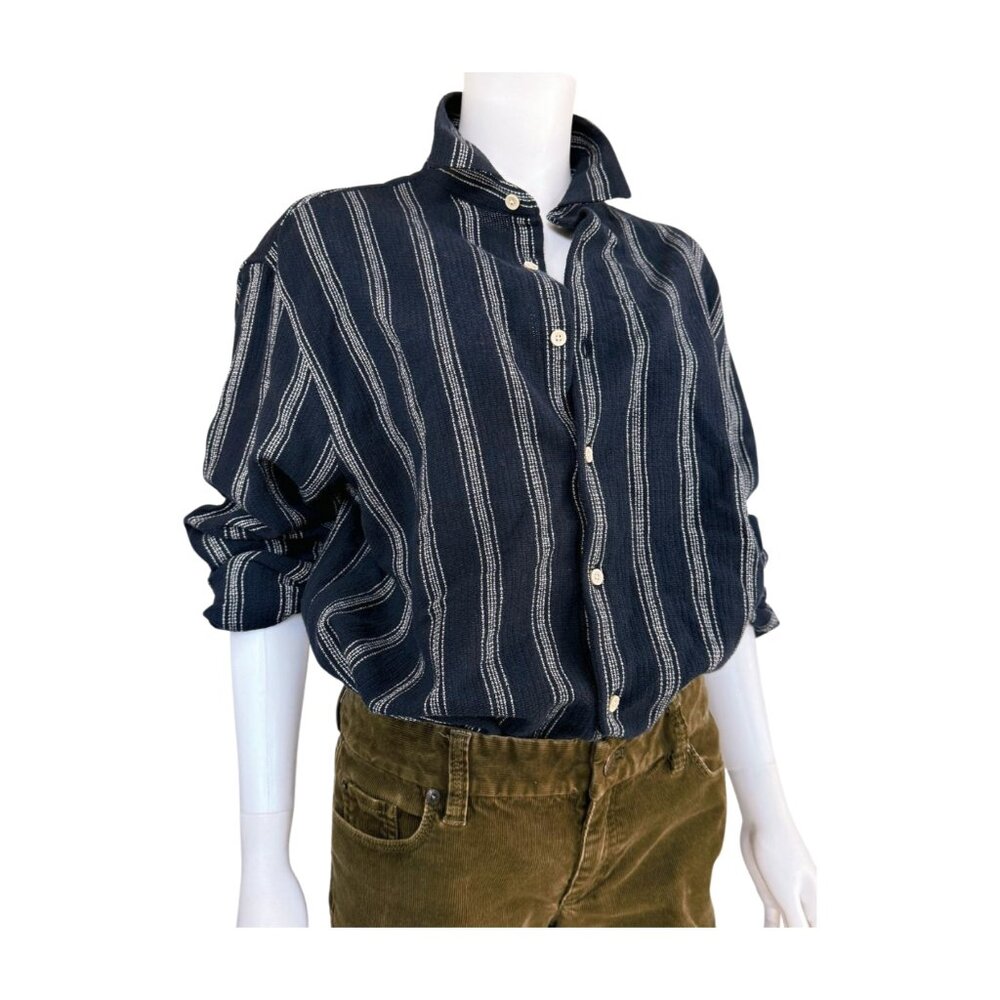 Zara Navy Blue Striped Cotton Button-Up Blouse | Oversized Fit | USA XL - Picture 3 of 10
